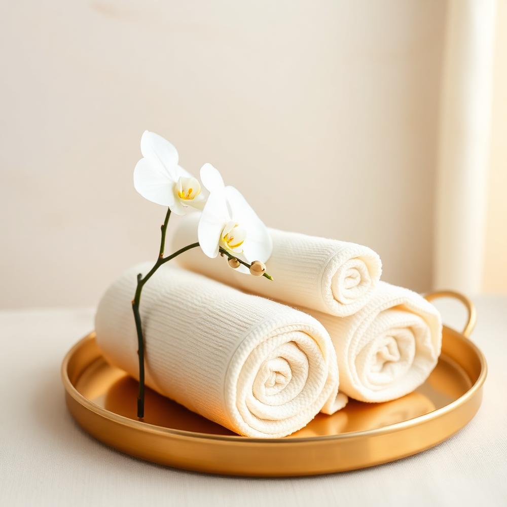 Cream towels and orchid on a gold tray